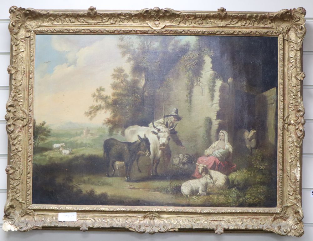 Early 19th century English School, oil on canvas, Travellers at rest in a landscape, 49 x 70cm